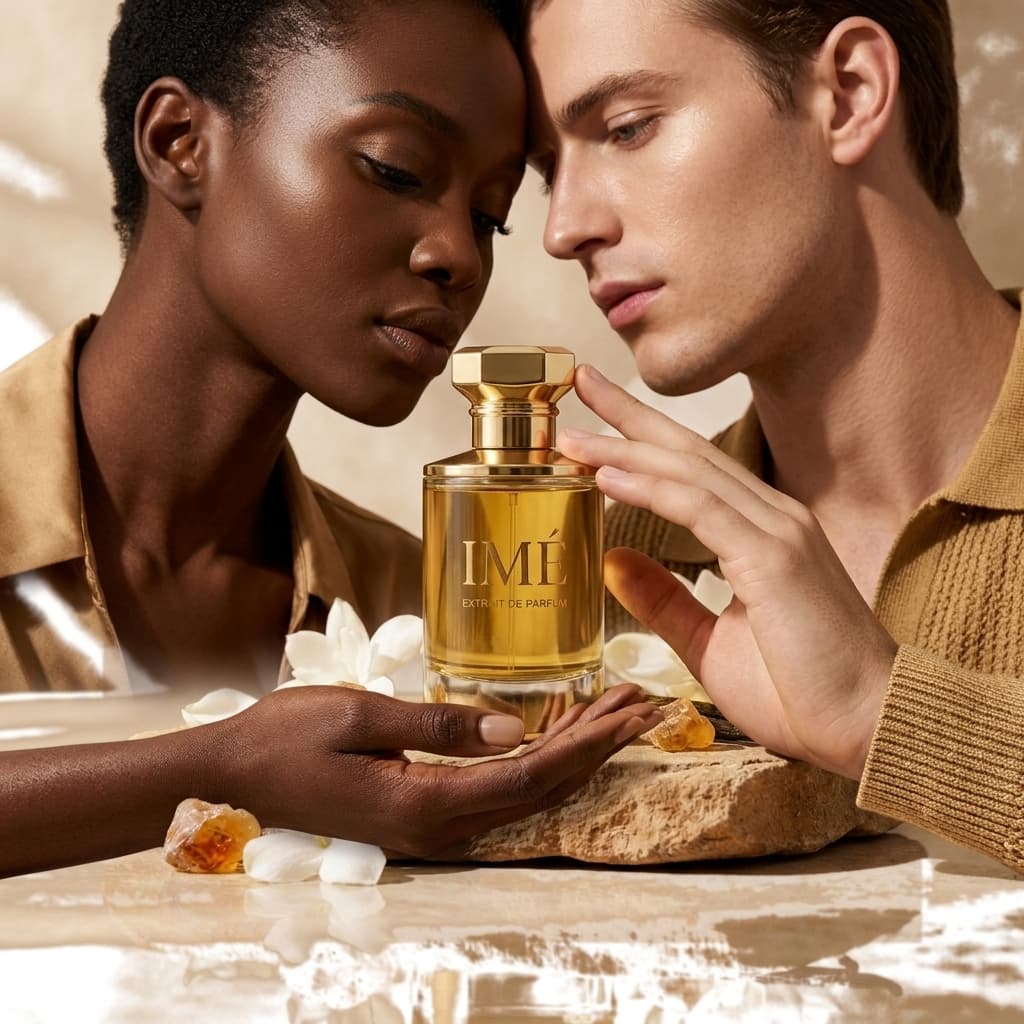 Black female and White male couple holding IMÉ Scents perfume bottle